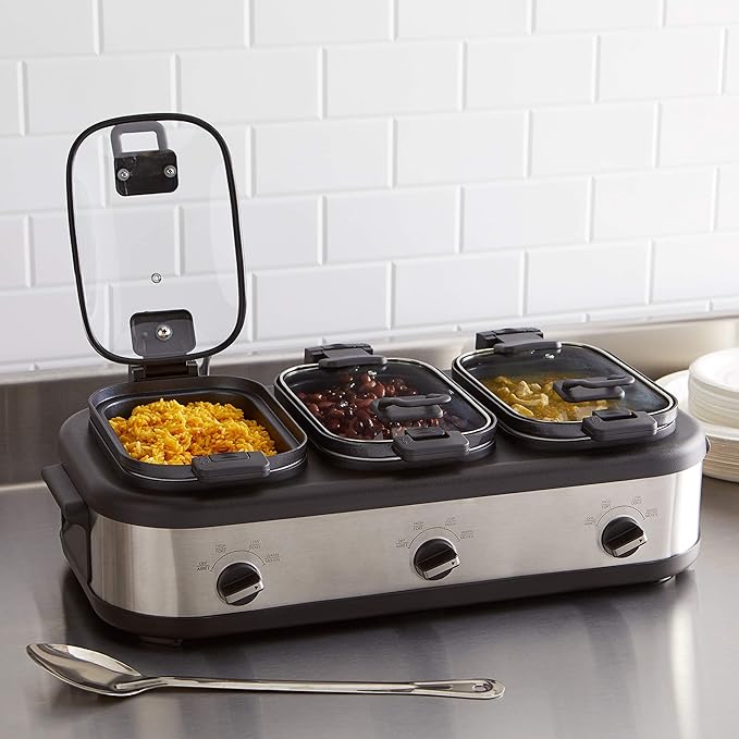 Amazon Basics Stainless Steel Triple Slow Cooker, Dishwasher Safe, Non-Stick, 3 x 2.5 Quarts, Removable Pots, Individual Temp Control, Tempered Glass Lids, for Party Entertaining