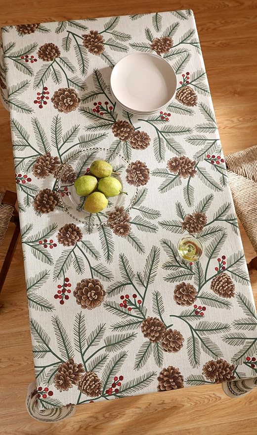 ISAENNE Designer Christmas Beige Linen Small Rectangular Tablecloth,Pinecones Pattern Indoor Tablecloths,Washable Decor Table Cloth for Dining Thanksgiving Kitchen Christmas,55"*71"-Carol B