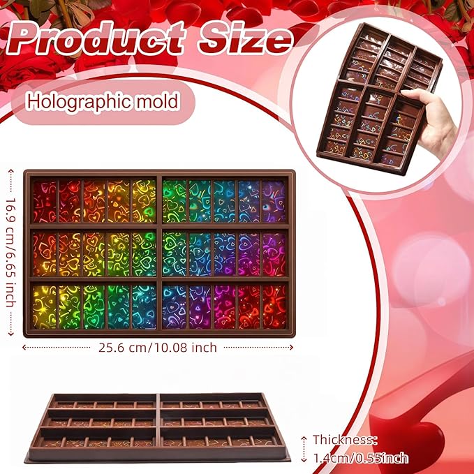 Ziliny Heart Holographic Chocolate Bar Mold Silicone, Rainbow Light Effect Chocolate Bar Deep Thick Molds for DIY Candy Dessert Baking, Candy, Wax Melts, Cake Decoration (Rectangle)