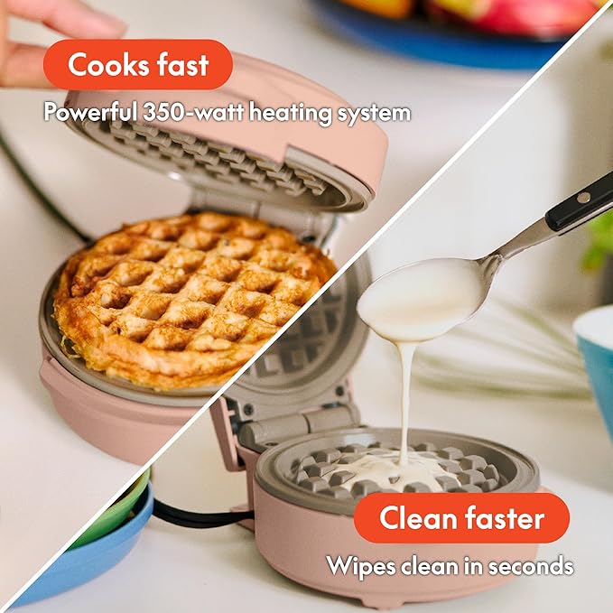bella Snack-n-Store Mini Waffle Maker, EverGood™ Ceramic Nonstick Coating, Cord Wrap, Ready Indicator Light & Cool Touch Handles, Stackable Design & Customizable Plates, 400 Watt, Blossom