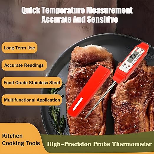 Meat Thermometer - Digital Food Thermometer for Cooking Kitchen - Automatic Calibration Pen Style Electronic Pocket Thermometer for Water Temperature, Barbecue (Red)