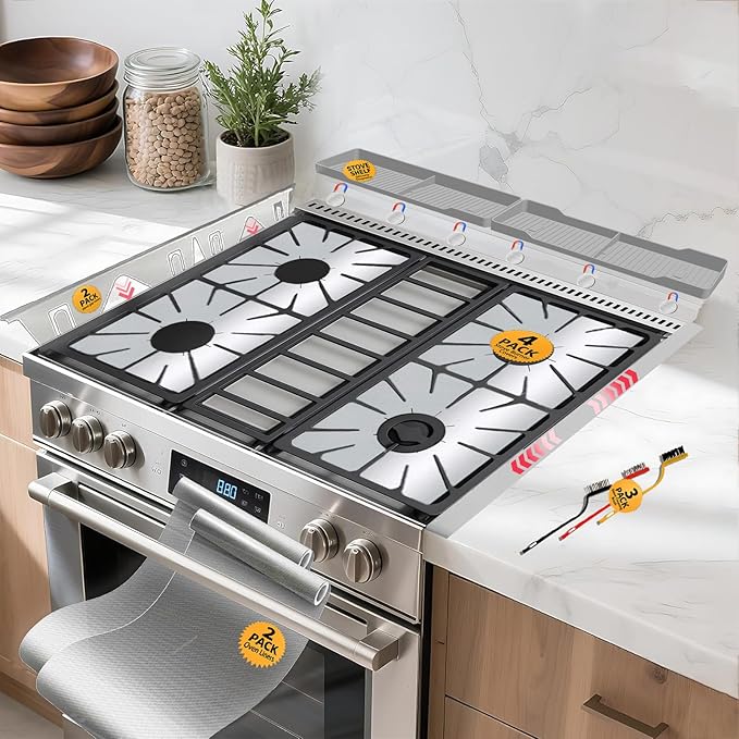 Stove Gap Covers Stainless Steel 2PC(0.08"–0.7"W,13.8"–27.5"L)+4PC Gas Burner Covers+2PC Oven Liners+30"(2x15") Silicone Magnetic Stove Shelf|Universal Gas Stove Accessory Bundle Bonus 3 Brushes