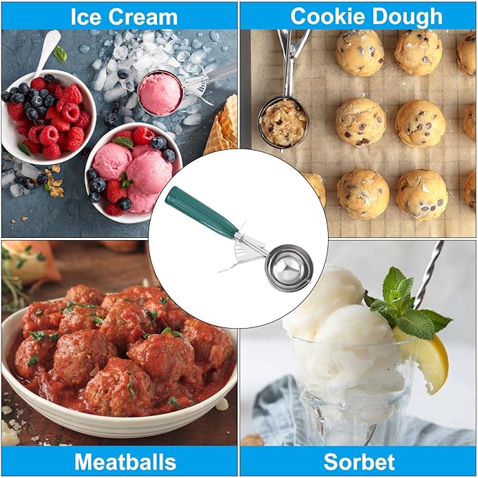PATIKIL 2.6 Ounce Ice Cream Scoop with Trigger, Stainless Steel Portion Cookie Scoop with Thumb Trigger for Cookie Dough Cupcake Batter Baking, Green 79ML