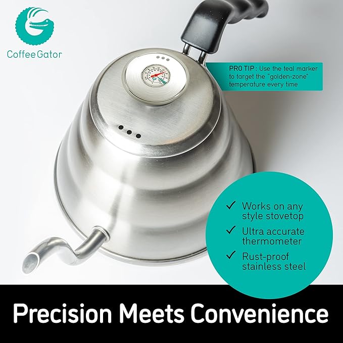 Coffee Gator French Press 34oz Gray and Gooseneck Kettle 40oz Stainless Steel for Pour Over