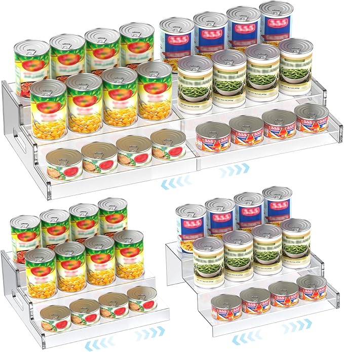 Yecuip Expandable Can Rack Organizer for Pantry, 3-Tier Adjustable Acrylic Can Storage Holder, Holds Up to 24 Cans, Canned Food Organizer for Cabinet, Countertop, Kitchen