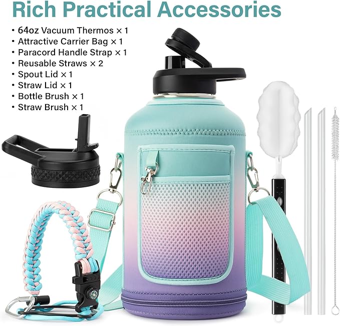 DYSANKY Insulated Water Bottle | Thickened Stainless Steel Vacuum Metal Portable Sports Half Gallon Large Water Jug for Gym and Hiking with Straw, Carrier Bag, Handle Strap | BPA-Free 64 oz