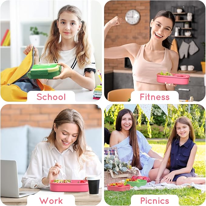 Bento Box, 44oz 4 Compartment Lunch Container with Cutlery for Kid/Adult/Toddler, Leak Proof, Microwave/Dishwasher/Refrigerator Safe, BPA Free (Pink)