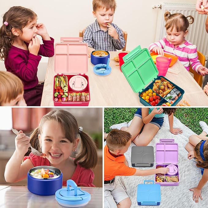 Bento Lunch Box for Kids with 8oz Soup Thermo,Kids Leakproof Lunch Food Containers with 4 Compartment,Kid Insulated Thermo Hot Food Jar for School,Trvael-Blue