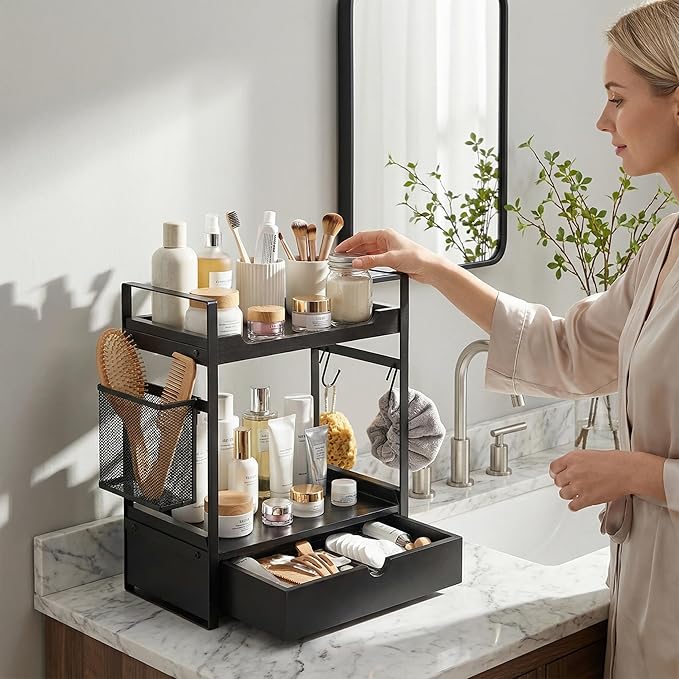 Coffee Station Organizer Countertop, Wooden Coffee Bar Accessories Organizer with Basket, 2 Mug Holder Hooks and Pod Drawer, Multifunctional 2 Tier Countertop Organizer for Kitchen, Bathroom, Office