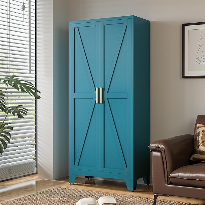 71" Tall Metal Storage Cabinet with 2 Doors and 4 Adjustable Shelves, 5-Tier Kitchen Pantry Storage Cabinet for Kitchen, Living Room, Dining Room and Office, Blue