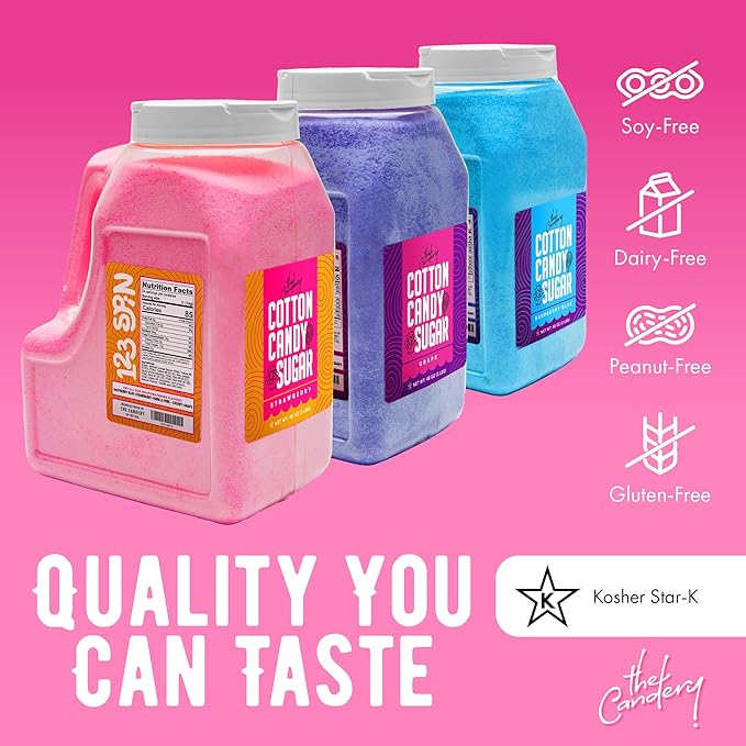 The Candery Cotton Candy Floss Sugar 6lbs 96oz jars- 3 Pack Strawberry, Raspberry Blue and Grape Easy Pour Easy Grip Reusable Jars