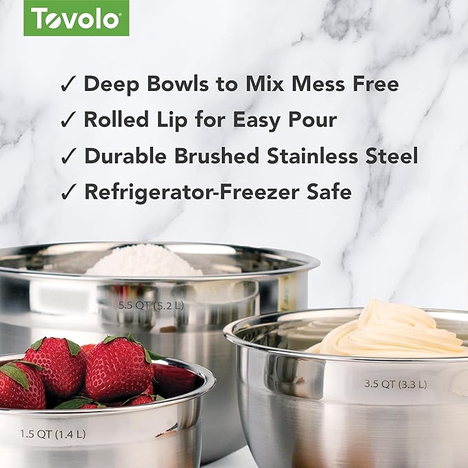Tovolo Small Stainless Steel Mixing Bowl 1.5 Quart Metal Mixing Bowl with Rounded Lip for Easy Pour and Nesting Storage, Dishwasher Safe Quart Metal Bowl for Baking Mixing and Cooking Prep