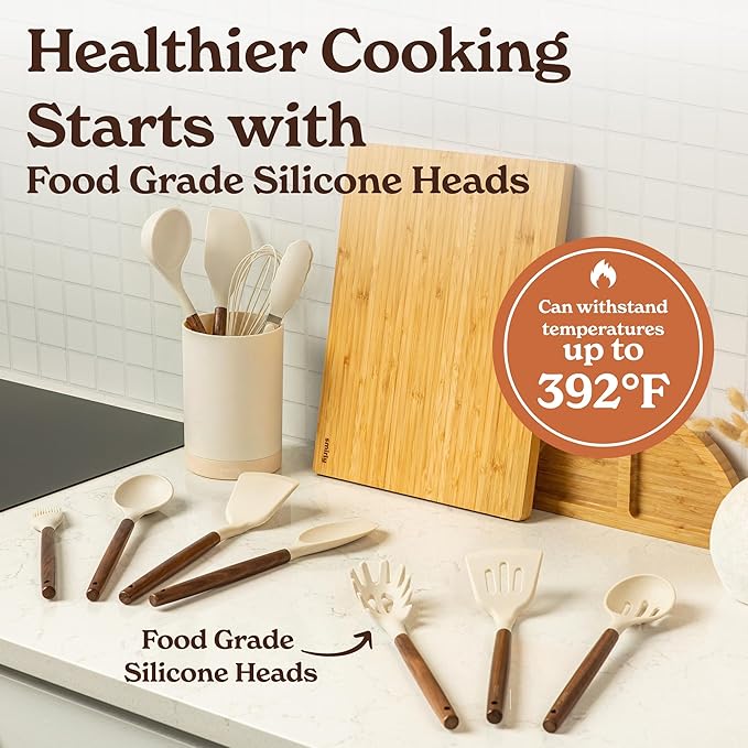 Silicone Kitchen Utensils Set & Holder: Cooking Utensils Set - Kitchen Essentials for New Home & 1st Apartment- Silicone Spatula Set, Cooking Spoons for Nonstick Cookware (Acacia Wood, Cream White)