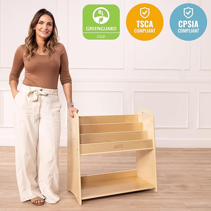 ECR4Kids 3-Shelf Floor Book Display with Handles and Storage, 30in, Kids Bookshelf, Natural