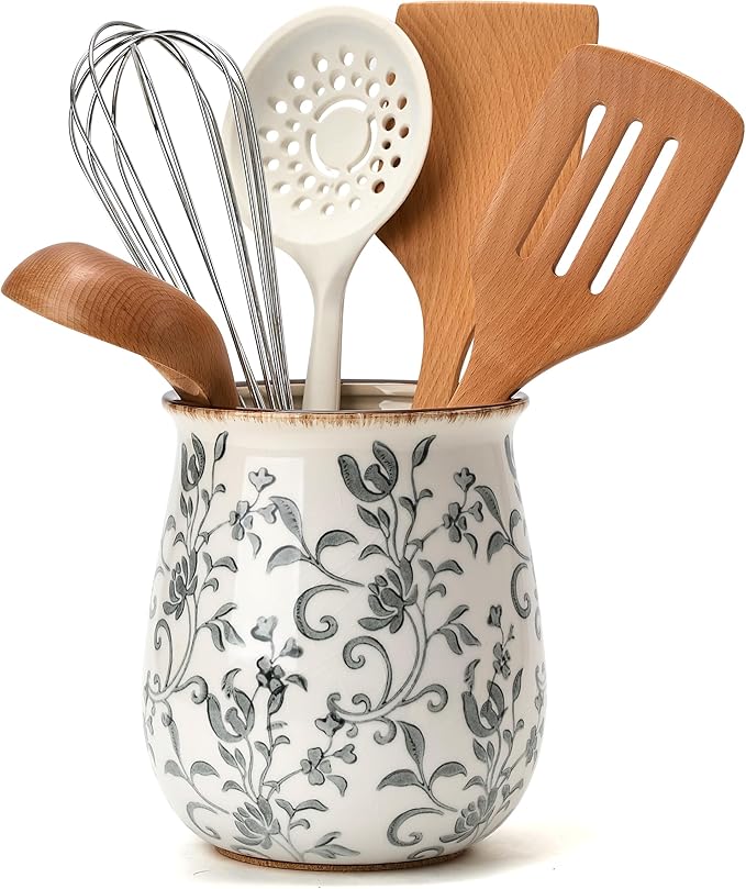 Utensil Holder for Kitchen Counter, Modern Farmhouse Cooking Utensil Holder and Crock Home Kitchen Decor, Ceramic Utensil Organizer for Spatula, Ladle, Eggbeater, Rolling Pin- Gray Flower Patterns