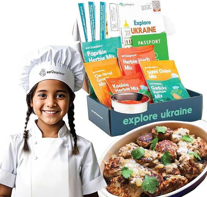 eat2explore Cooking Kits for Kids 15 Pcs – Interactive & Educational Kids Cooking Sets Real for Ages 5 and Up,3 Recipe Cards & Global Ingredients – Fun for Young Chefs (Ukraine Edition)