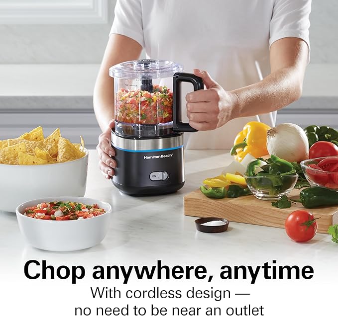 Hamilton Beach Powerful Cordless Mini Food Processor and Vegetable Chopper, 4 Cup Capacity, Fast Recharging, Includes Power Adapter, Chop, Puree, Emulsify, Grind, Dishwasher Safe Bowl, Black (72880)