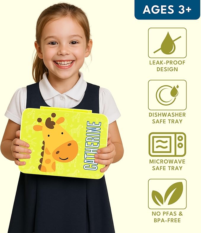 Personalized Bento Box for Kids with Safari Icon and Name - Yellow - 5 Compartments Drop-Proof Bento Box, Dishwasher Safe, Made with BPA-Free Materials, Bento Lunch Box for Kids and Toddlers
