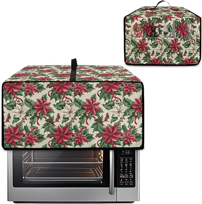 Air Fryer Toaster Oven Dust Cover Dustproof Convection Oven Cover with Side Pockets for Small Kitchen Appliances, S, 14.5 x 18.5 x 9 Inches, Poinsettia Flower Christmas Decor
