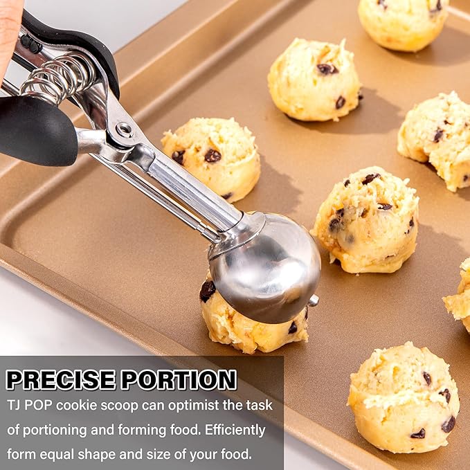 Cookie Scoop 1 Tbsp, TJ POP Professional Stainless Steel Ice Cream Scoop 35 mm, Good Soft Grips, Quick Trigger Release