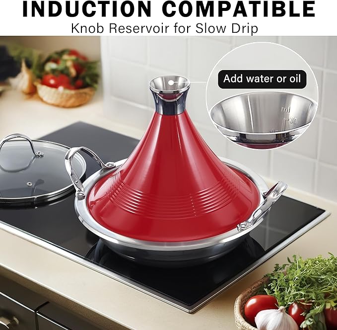Cooks Standard Moroccan Tagine Pot 3.6 Qt, 11 Inch Multi-Ply Clad Stainless Steel Pan with Dual Handles, Clay Pot Alternative for Slow Cooking, with Conical Die-Cast Aluminum & Glass Lid, Red