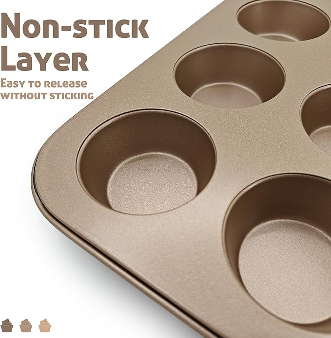 Satax Muffin Pan for Baking, Nonstick Cupcake Tin 12 Cup,sets of 2,Heavy Duty Steel Muffin Pan (Gold, 12-cup)