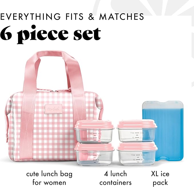 Fit & Fresh Remi Neoprene Lunch Bag For Women - Meal Prep Kit with Containers & XL Ice Pack, Self Insulating Neoprene-like Material, Machine Washable Lunch Bag, Tear & Stain-Resistant, Pink Gingham