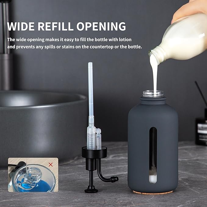 Enra Glass Soap Dispenser with Window, 17oz Dark Gray Stainless Steel Hand Pump for Bathroom Kitchen - Countertop Lotion Bottle (Dark Gray-Round-Liquid)