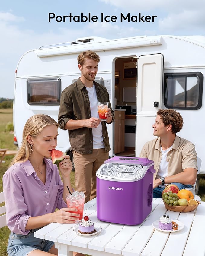 EUHOMY Countertop Ice Maker Machine with Handle, 26lbs Per Day, 9 Ice Cubes Ready in 6 Mins, Auto-Cleaning Portable Ice Maker with Basket and Scoop, for Home/Kitchen/Camping/RV (Purple)