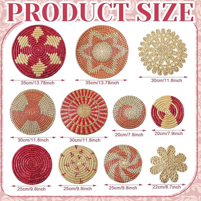 Tatuo 11 Pcs Boho Wall Basket Decor Bulrush Woven Wall Hanging Art Round Farmhouse Rustic Handmade Wicker for Summer Home, Bedroom, Living Room, Kitchen Decorations, Multi Sizes(Pink)
