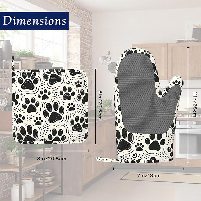 Dog Paw Potholders & Oven Mitts Sets Cat Footprint Paw Prints Silicone Heat Resistant Oven Mits and Hot Pads Non-Slip Pot Holders Gloves for Kitchen Chef Cooking Baking Grilling BBQ