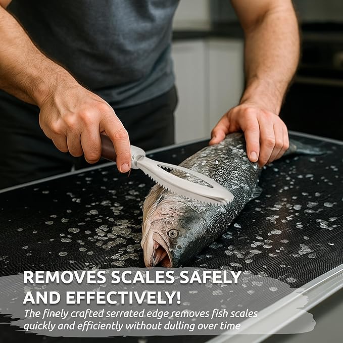 Dugato Fish Scale Remover Tool with Wooden Handle – Stainless Steel Fish Scaler Scraper for Quick & Easy Fish Cleaning – Rustproof Serrated Edge Seafood Descaling Tool for Kitchen & Outdoor Use
