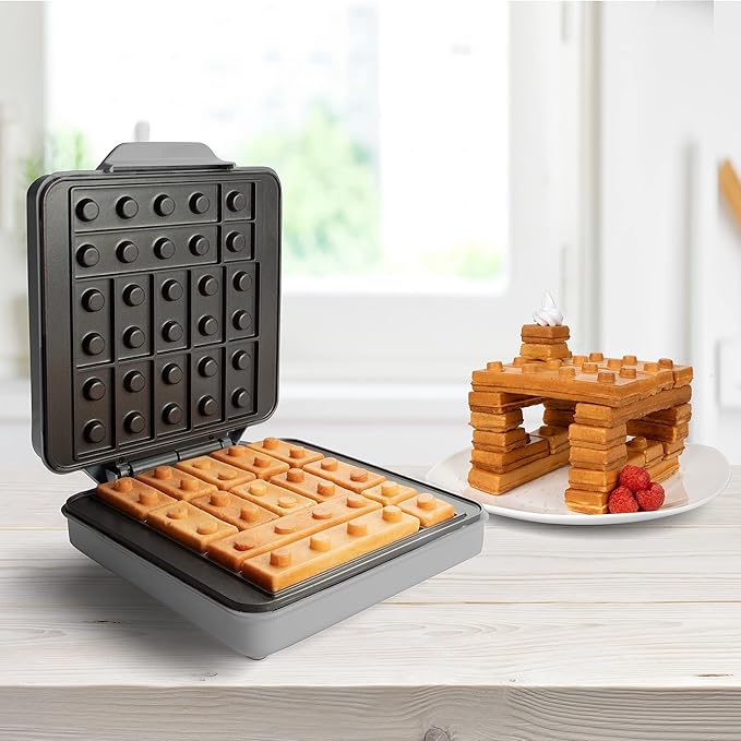 Building Brick Electric Waffle Maker- GREY with 2 Construction Eating Plates- Cook Fun Buildable Waffles in Minutes Like Houses, Cars & More- Revolutionize Breakfast - Stack & Build on Serving Dishes