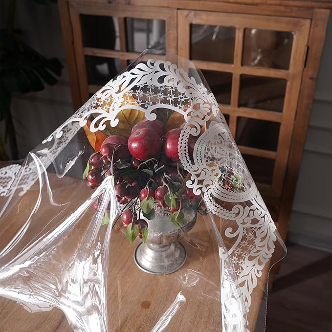Rectangle Waterproof Clear Table Cover Protector Vinyl Table Cloth Oil Spill Proof Wipe Clean Lace Plastic Tablecloths for Dining Tables (White, 60 x 84 Inches)