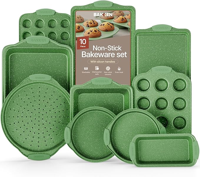 BAKKEN Kitchen Baking Pan Set - Nonstick Green Marble Coating, Carbon Steel Bakeware Sets with Green Silicone Handles, Kitchen Essentials, PFOA, PFOS, PTFE Free, Oven Safe (Up To 450° F), Set of 10