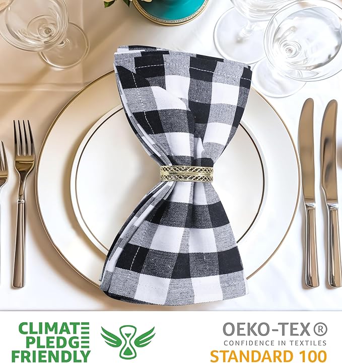Urban Villa Cloth Dinner Napkins Set of 12 20''x20''100% Cotton Black White Buffalo Checks Highly Absorbent Washable Reusable Durable Ideal for Farmhouse Party Thanksgiving Fall Christmas Everyday Use