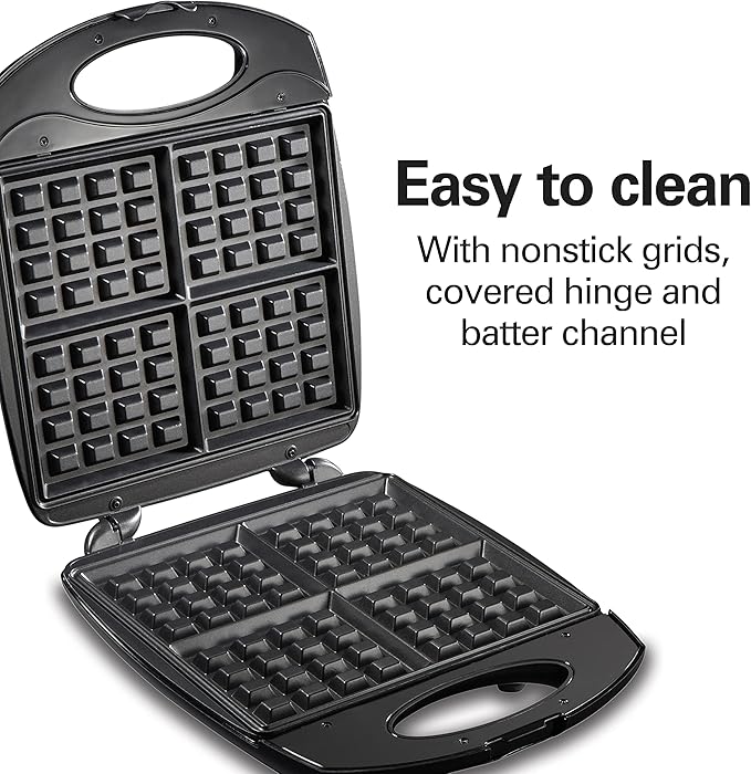 Hamilton Beach Non-Stick Belgian Waffle Maker with Indicator Lights, Makes 4 4" x 5" Mini Waffles, Hashbrowns or Keto Chaffles at Once, Compact Design for Easy Storage, Black & Stainless Steel (26020)