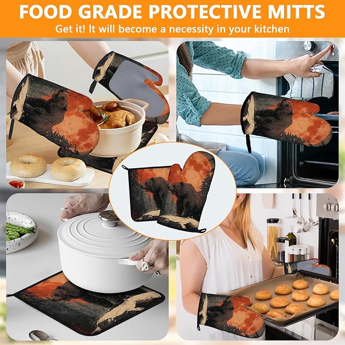 Bear Forest Oven Mitts and Pot Holders Sets 4Pcs Silicone Non-Slip Mitts Heat Resistant Gloves Hot Pads for Kitchen Cooking Baking Grilling BBQ