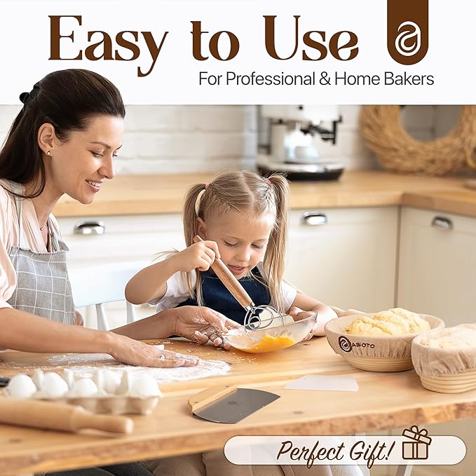 ABIOTO Sourdough Bread Baking Supplies and Bread Proofing Baskets - 9" Round & 10" Oval Indonesian Rattan Baskets, Liners, Danish Whisk, Bread Lame & Scrapers - 14 Piece Bread Making Kit for Beginners