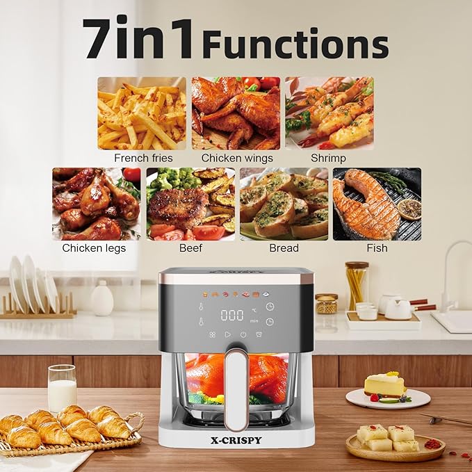 APSARAS USA Air Fryer Glass, 5.2QT Convection Oven Glass Air Fryer Non Toxic, Transparent Fry Bowl | Cook Shrimp, Steak, Fries, Wings, Chicken & More | Precise Temperature Control & Time