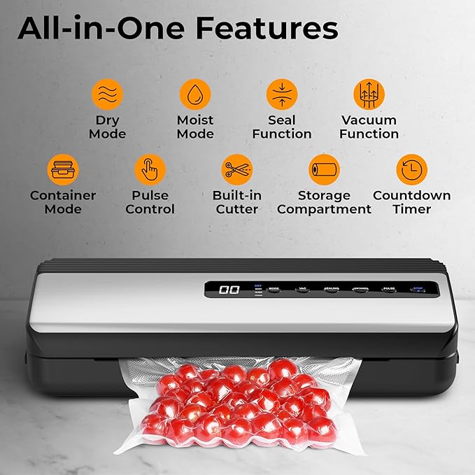 Vacuum Sealer for Food Saver & Preservation 80kPa - Powerful Suction Bag Sealer Dry/Moist/Liquid Modes - Vacuum Sealing Machine with Built-In Cutter, Bag Roll & 10 Bags Kit (Silver)
