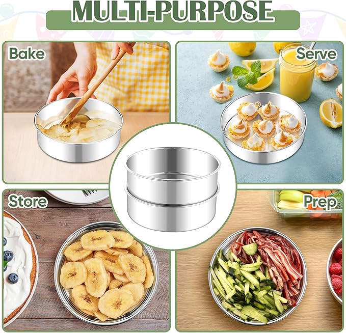 E-far 7 Inch Cake Pan Set of 2, Stainless Steel Round Baking Pans Tins Mold - Non-Toxic & Leak-Proof for Birthday Wedding Layer Tiered Cake, Easy Clean & Dishwasher Safe