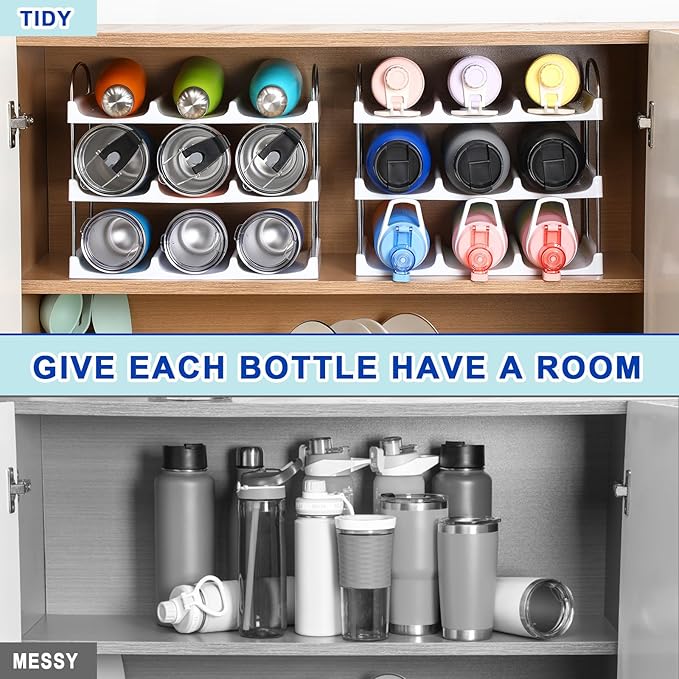 LANDNEOO Stackable Water Bottle Organizer Holder - for Stanley & Others' Large Tumbler Organization - White Plastic Wine Rack, Bottle Holder for Home Countertop Fridge Pantry Shelf, 3 Tier Hold 9