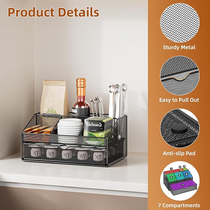 VITVITI Coffee Station Organizer for Countertop, Metal Coffee Bar Organizer Basket with Drawer, 6 Compartments Bar Station Holder for Pods Tea Bag, Black