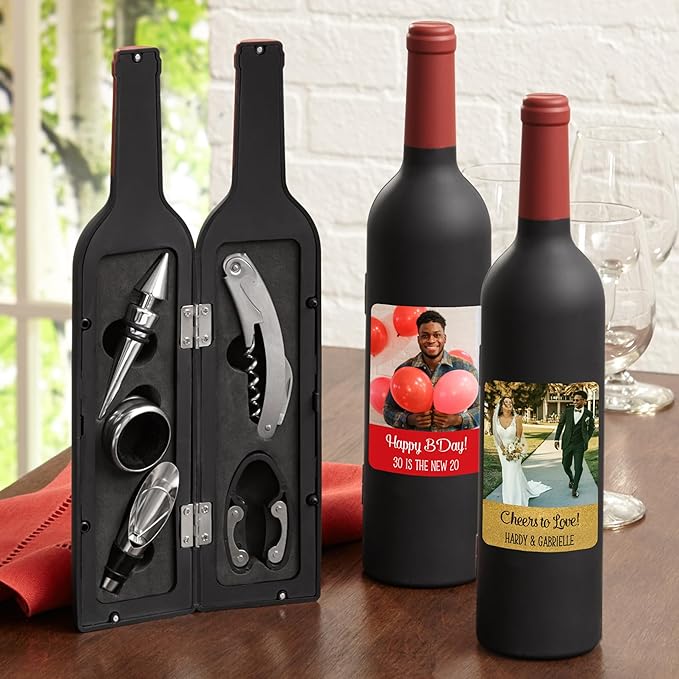 Let's Make Memories Personalized Photo 5-Piece Wine Tool Set - Wine Bottle Opener - Red