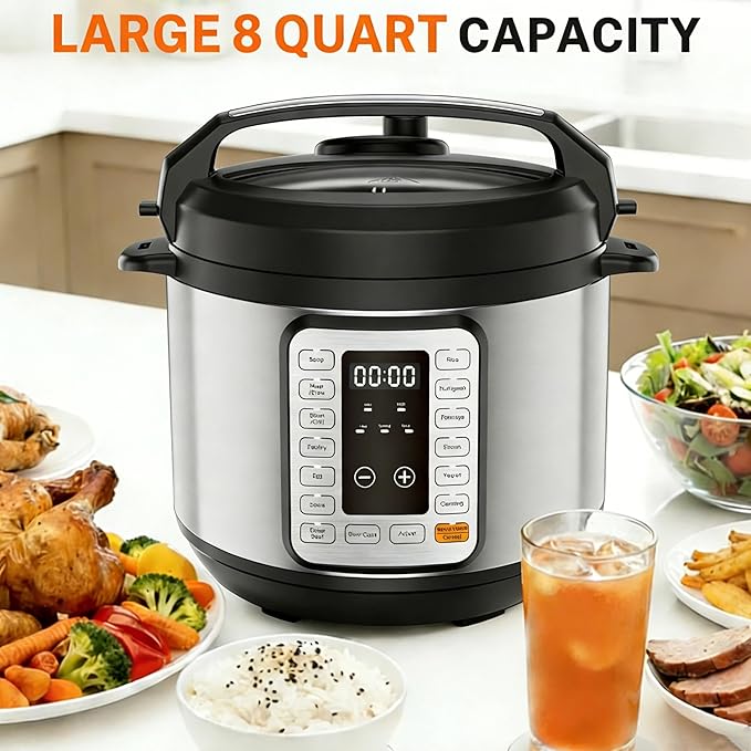 Simple Deluxe 8QT Electric Pressure Cooker, 16-in-1 & Non-Stick Stainless Steel Multi Cooker with 12 Presets for Slow Cook, Meat Stew, Steam, Sauté, Canning, Yogurt Maker, Dishwasher Safe, Silver