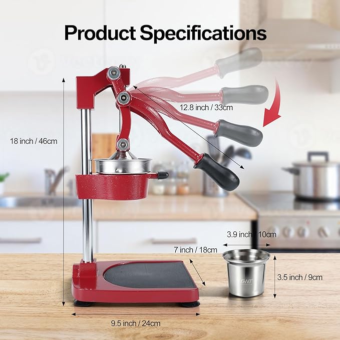 18 Inch Height Commercial Heavy Duty Cast Iron Hand Press Manual Orange Citrus Lemon Lime Grapefruit Pomegranate Fruit Juice Squeezer Machine with Stainless Steel Cup and Durable Base Red
