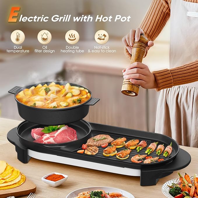 2 in 1 Electric Smokeless Hot Pot with Grill, 2200W Removable Hotpot Pot, Korean BBQ and Shabu Indoor Combo,Non-Stick Skillet Pan, Dual Adjustable Temperature, 1-6 People