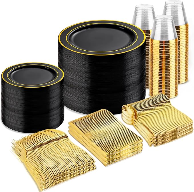 bUCLA 600PCS Black and Gold Disposable Dinnerware Set - Black Plastic Plates Disposable for Party Include 100 Dinner&100 Dessert Plates,100 Knives,100 Forks,100 Spoons,100 Cups for Party & New Year