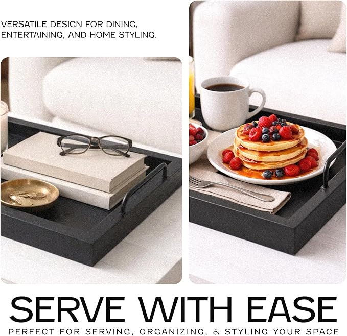 Besti Rustic Vintage Food Serving Trays (Set of 2) | Nesting Wooden Board with Metal Handles | Stylish Farmhouse Decor Serving Platters | Large: 15 x2 x11” - Small: 13 x2 x9” (Black)